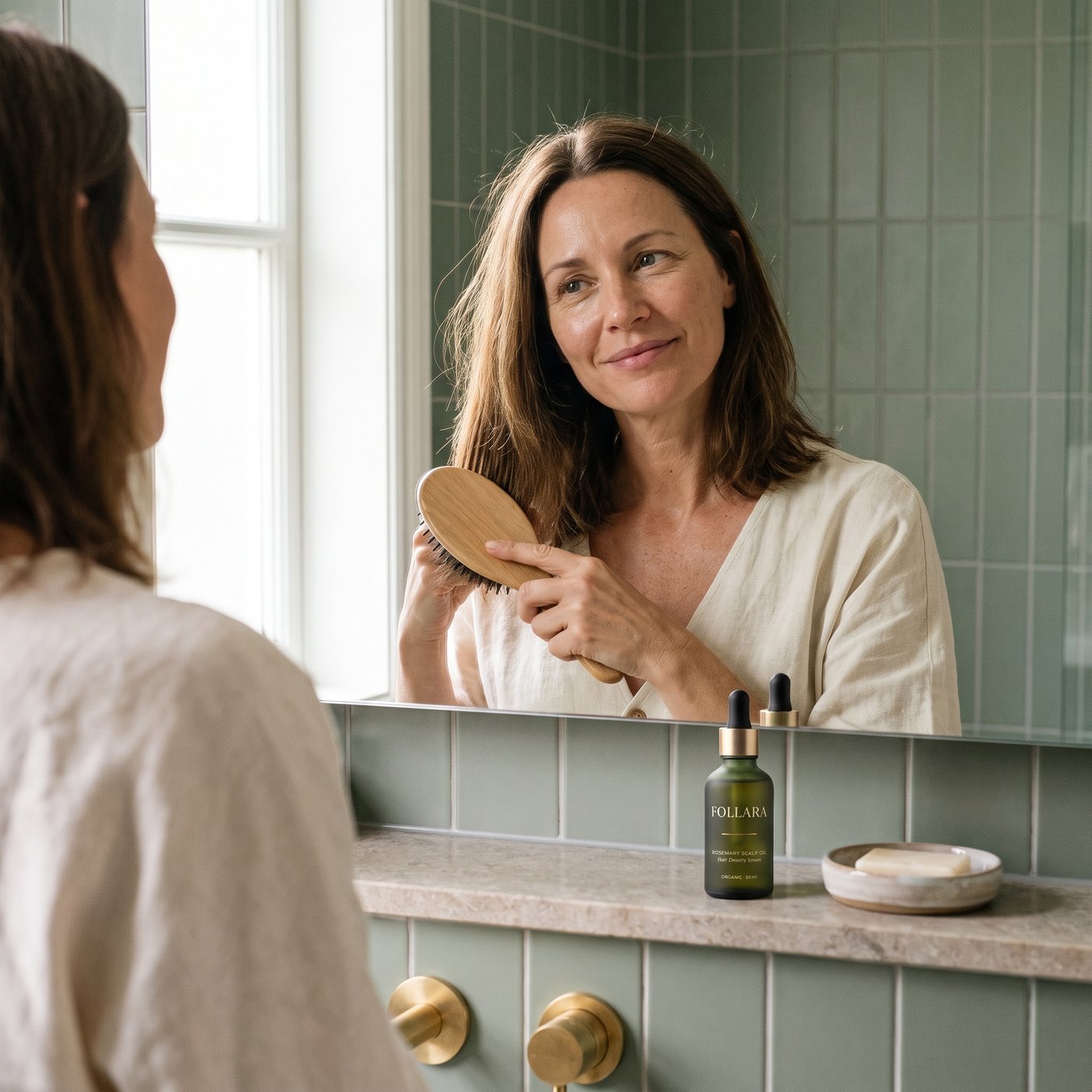 Woman smiling at her hair in the bathroom mirror