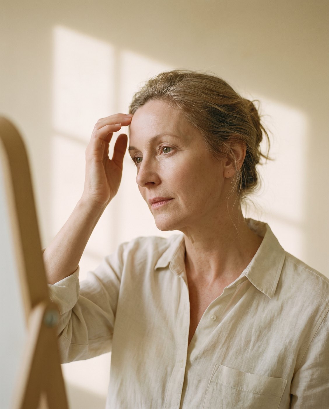 Woman looking at her hair in the mirror